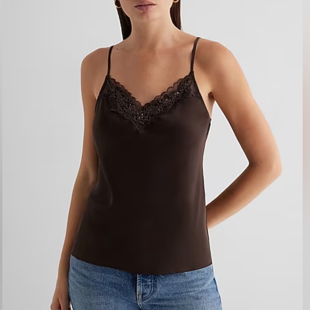 EXPRESS: Satin Beaded Lace Trim V-Neck Downtown Cami